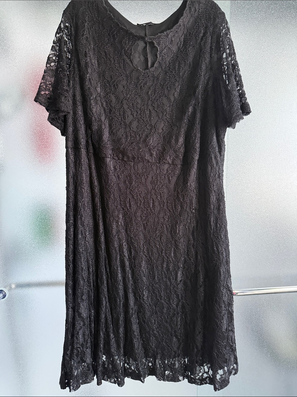 Black Lace Short Sleeve Keyhole Dress - Women